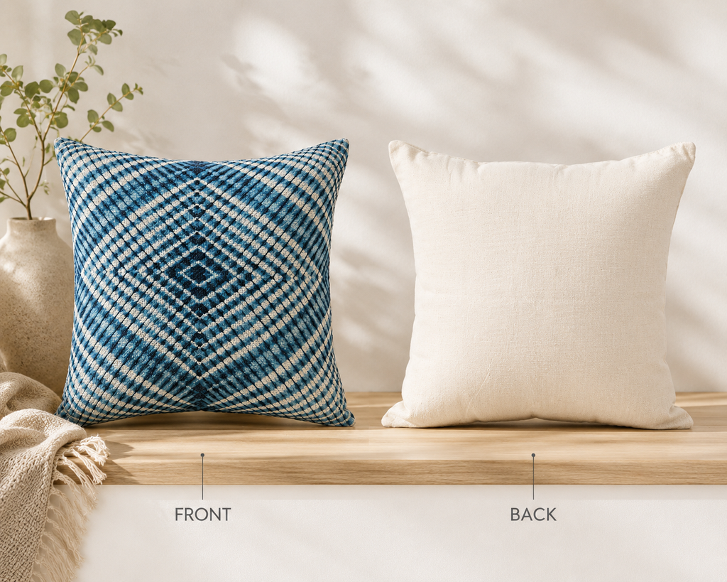 Sapphire Grid Cotton Cushion Cover – Woven Decorative Throw Pillow Cover