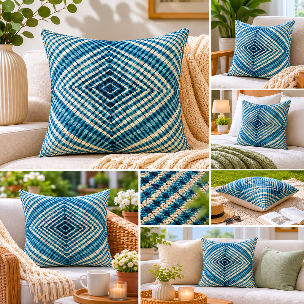 Sapphire Grid Cotton Cushion Cover – Woven Decorative Throw Pillow Cover