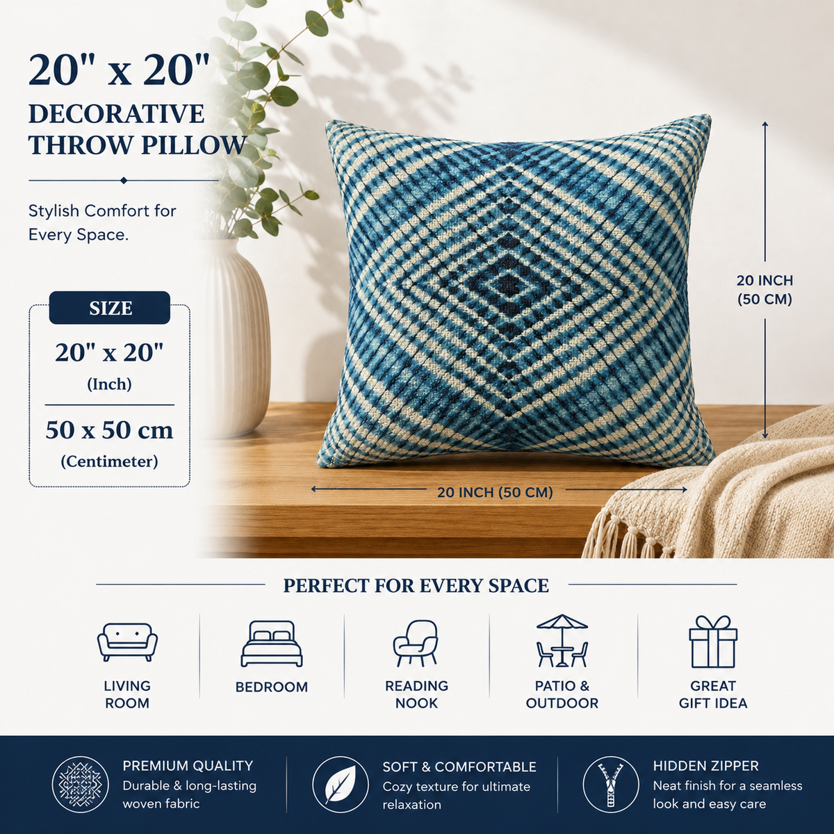 Sapphire Grid Cotton Cushion Cover – Woven Decorative Throw Pillow Cover