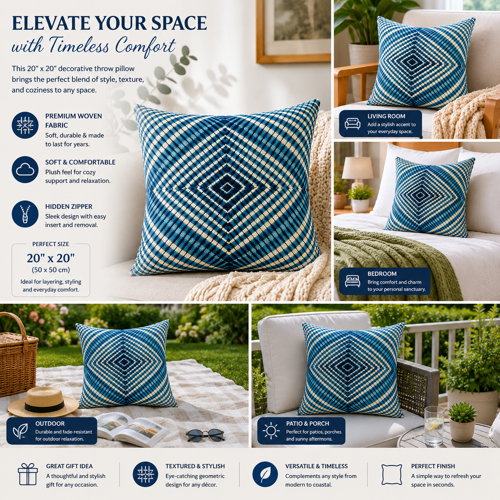 Sapphire Grid Cotton Cushion Cover – Woven Decorative Throw Pillow Cover