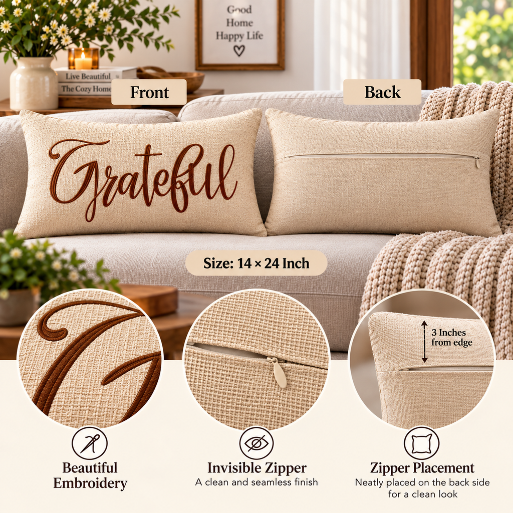 Grateful Autumn Lumbar Pillow Cover – Fall Decorative Accent Cushion– Pack of 2