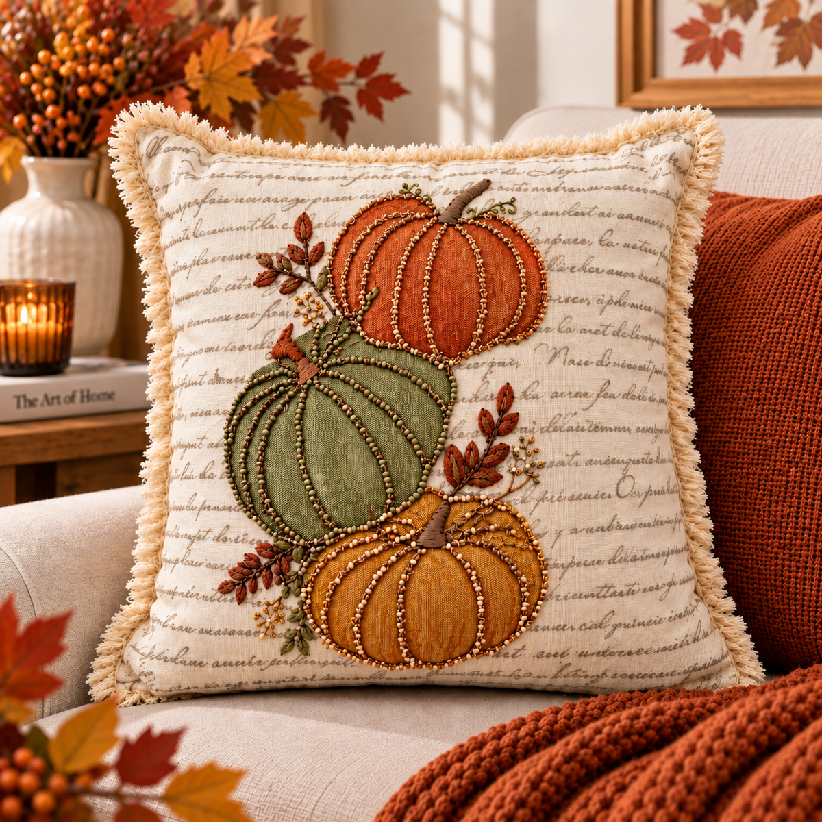 Autumn Pumpkin Beaded Decorative Pillow Covers – Pack of 2