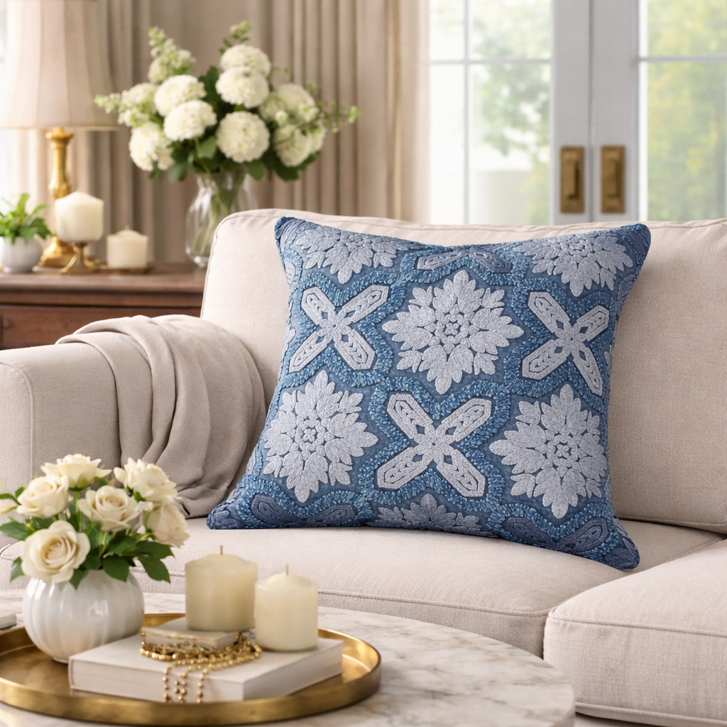 Indigo Mist Acid-Washed Crewel Cushion
