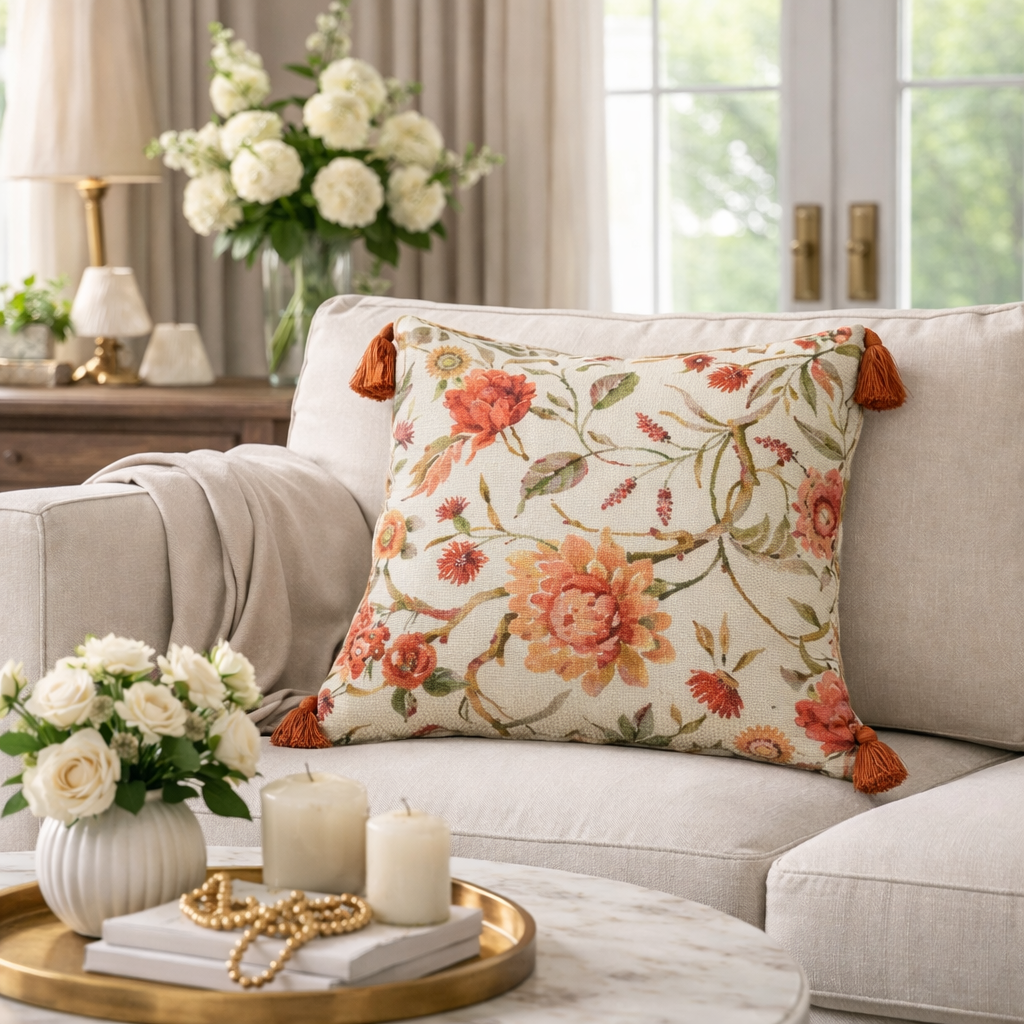Ivory Glow Floral Tassel Cushion Cover