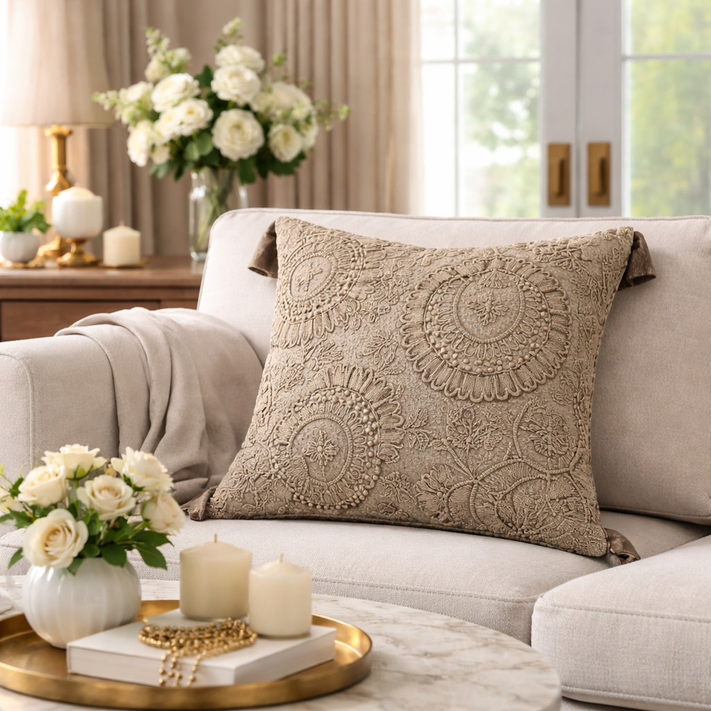 Umber Mist Hand-Embroidered Cushion Cover