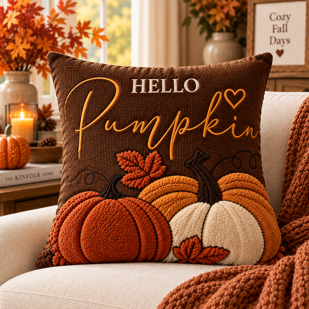 Hello Pumpkin Fall Embroidered Throw Pillow Cover – Autumn Harvest Décor- pack of 2