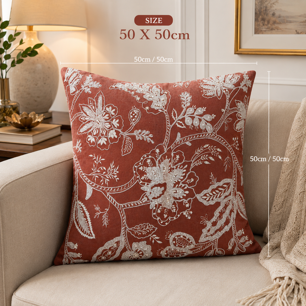Handcrafted Garden Embroidered Linen Cushion Cover