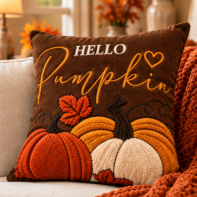 Hello Pumpkin Fall Embroidered Throw Pillow Cover – Autumn Harvest Décor- pack of 2