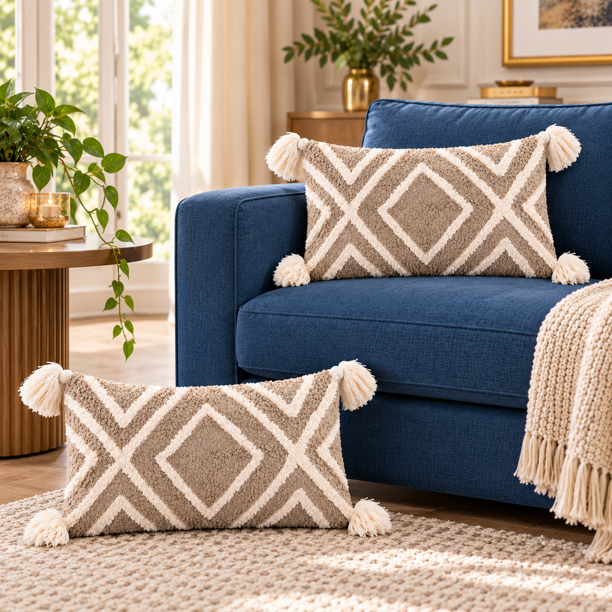 Sandstone Diamond Tufted Cotton Blend Cushion Cover