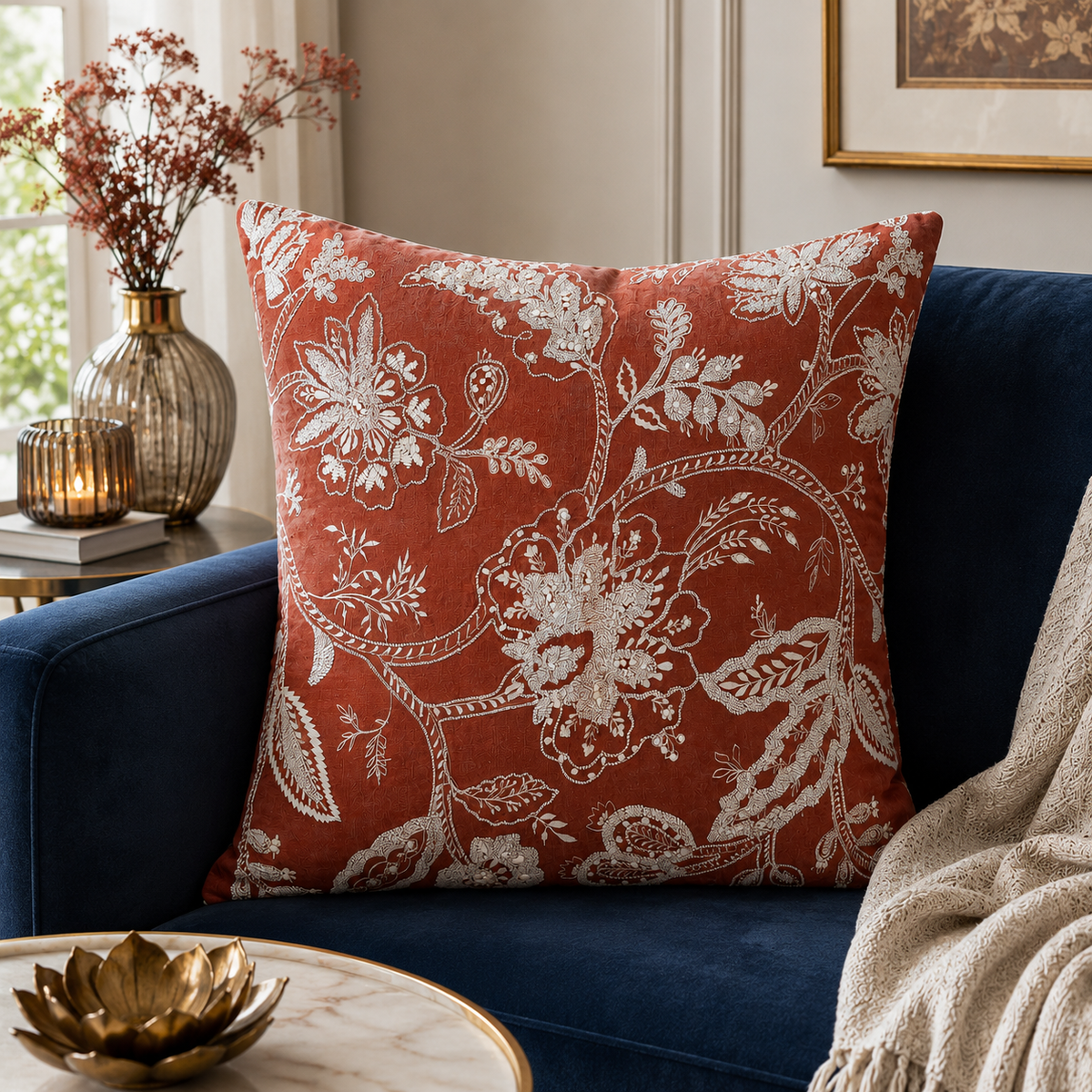 Handcrafted Garden Embroidered Linen Cushion Cover