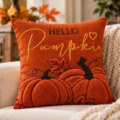 Hello Pumpkin Fall Embroidered Throw Pillow Cover – Autumn Harvest Décor- pack of 2