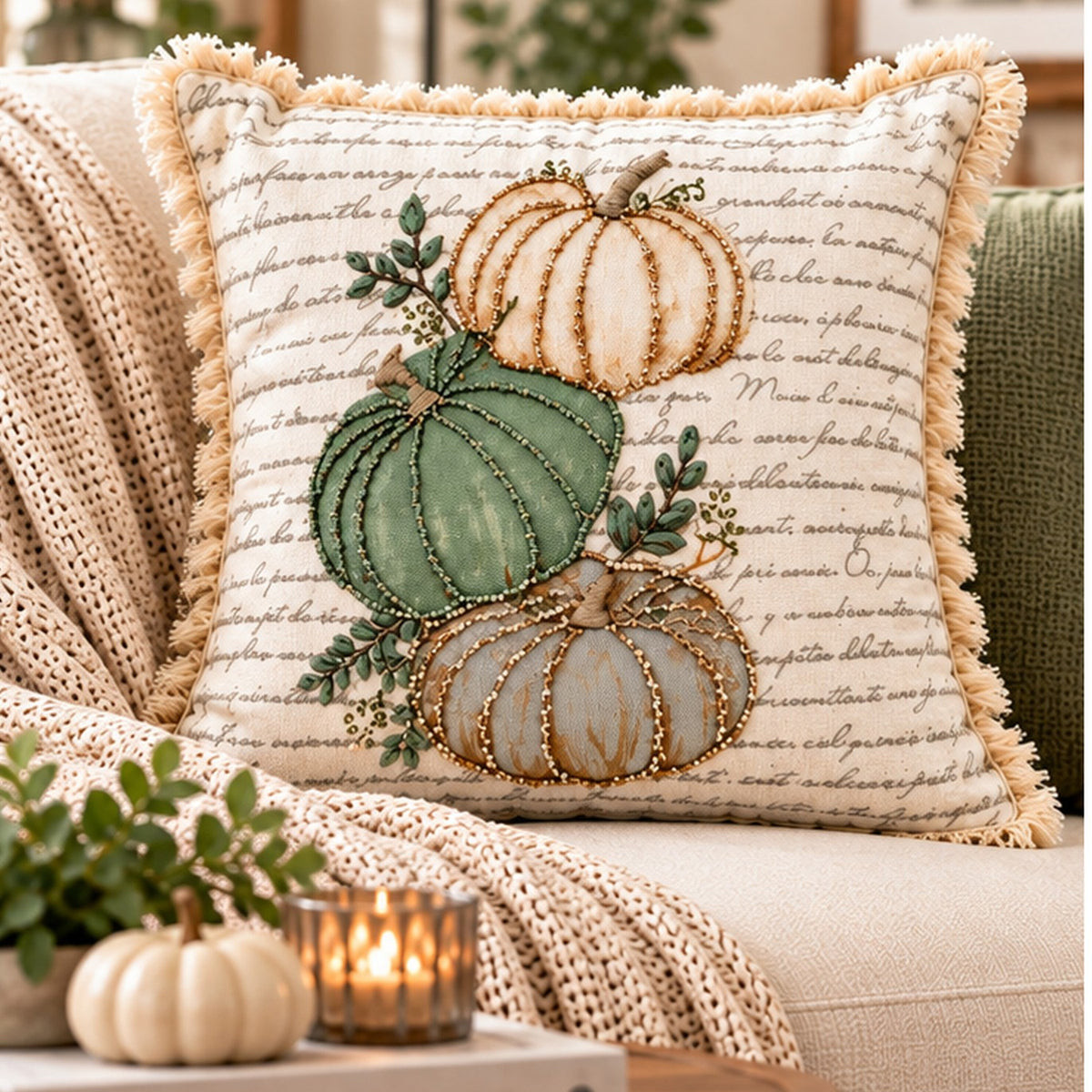 Autumn Pumpkin Beaded Decorative Pillow Covers – Pack of 2