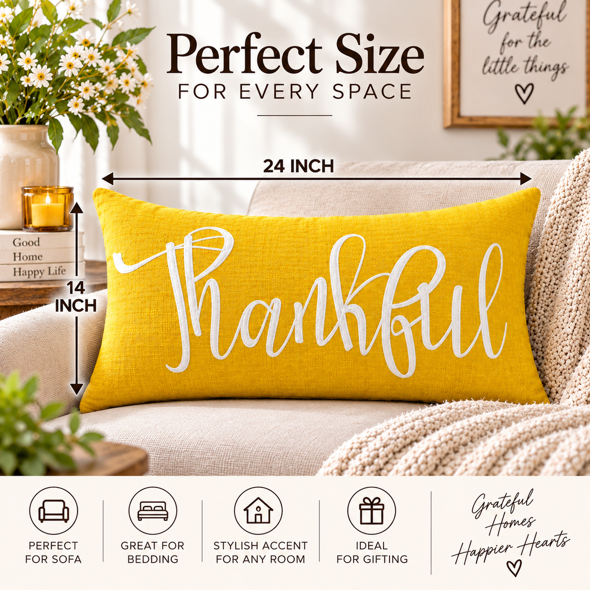 Thankful Autumn Lumbar Pillow Cover – Fall Decorative Accent Cushion– Pack of 2