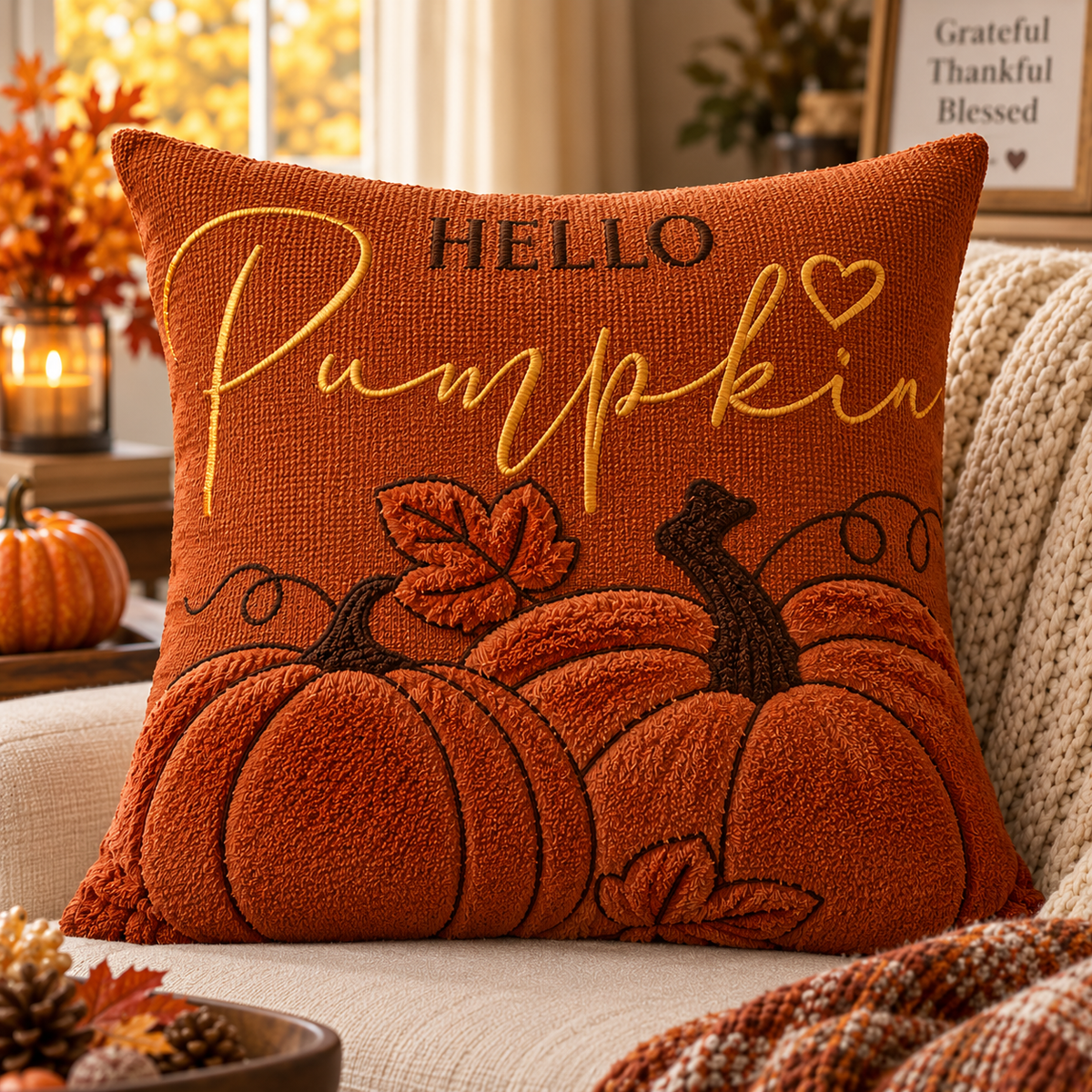 Hello Pumpkin Fall Embroidered Throw Pillow Cover – Autumn Harvest Décor- pack of 2