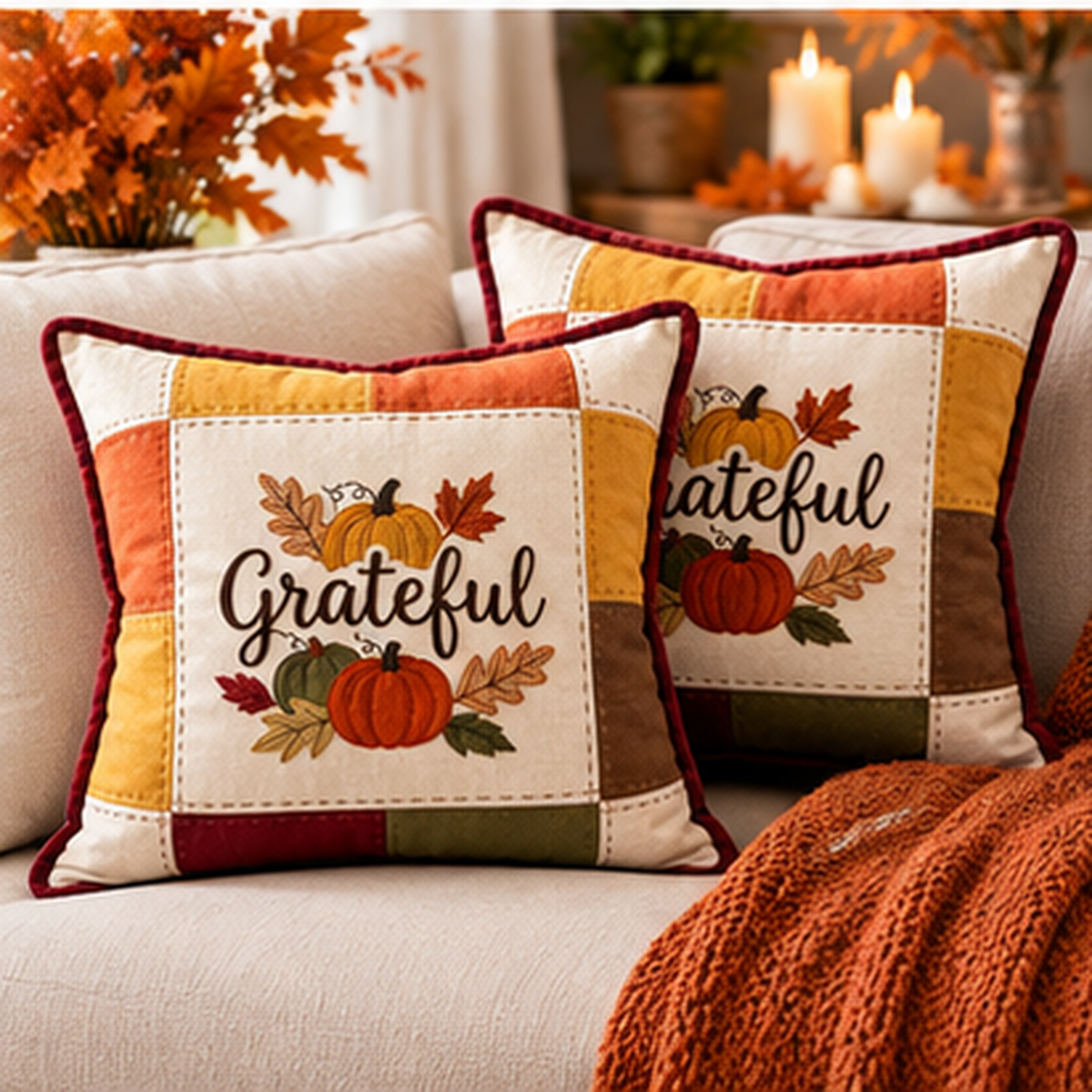 Grateful Harvest Pumpkin Cushion Cover – Autumn Patchwork Decorative Pillow - pack of 2