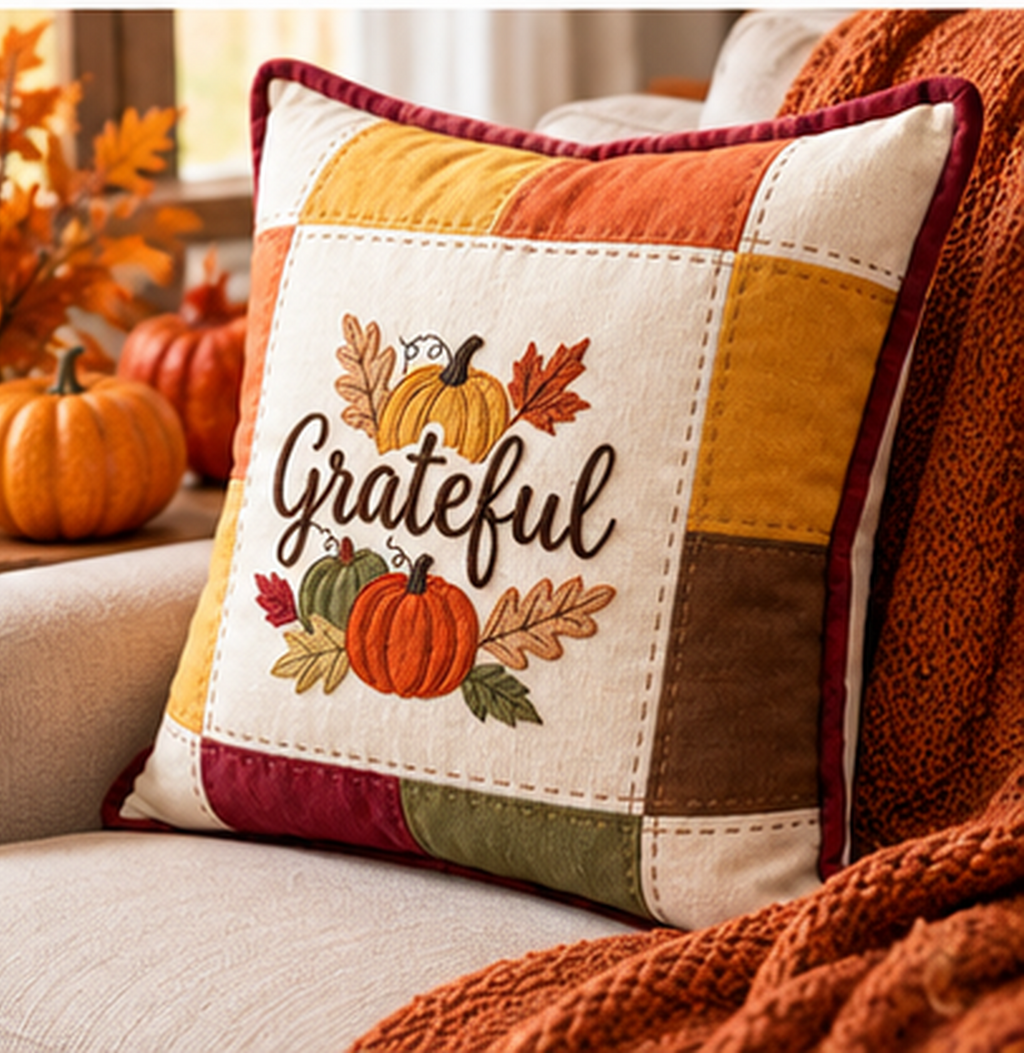 Grateful Harvest Pumpkin Cushion Cover – Autumn Patchwork Decorative Pillow - pack of 2
