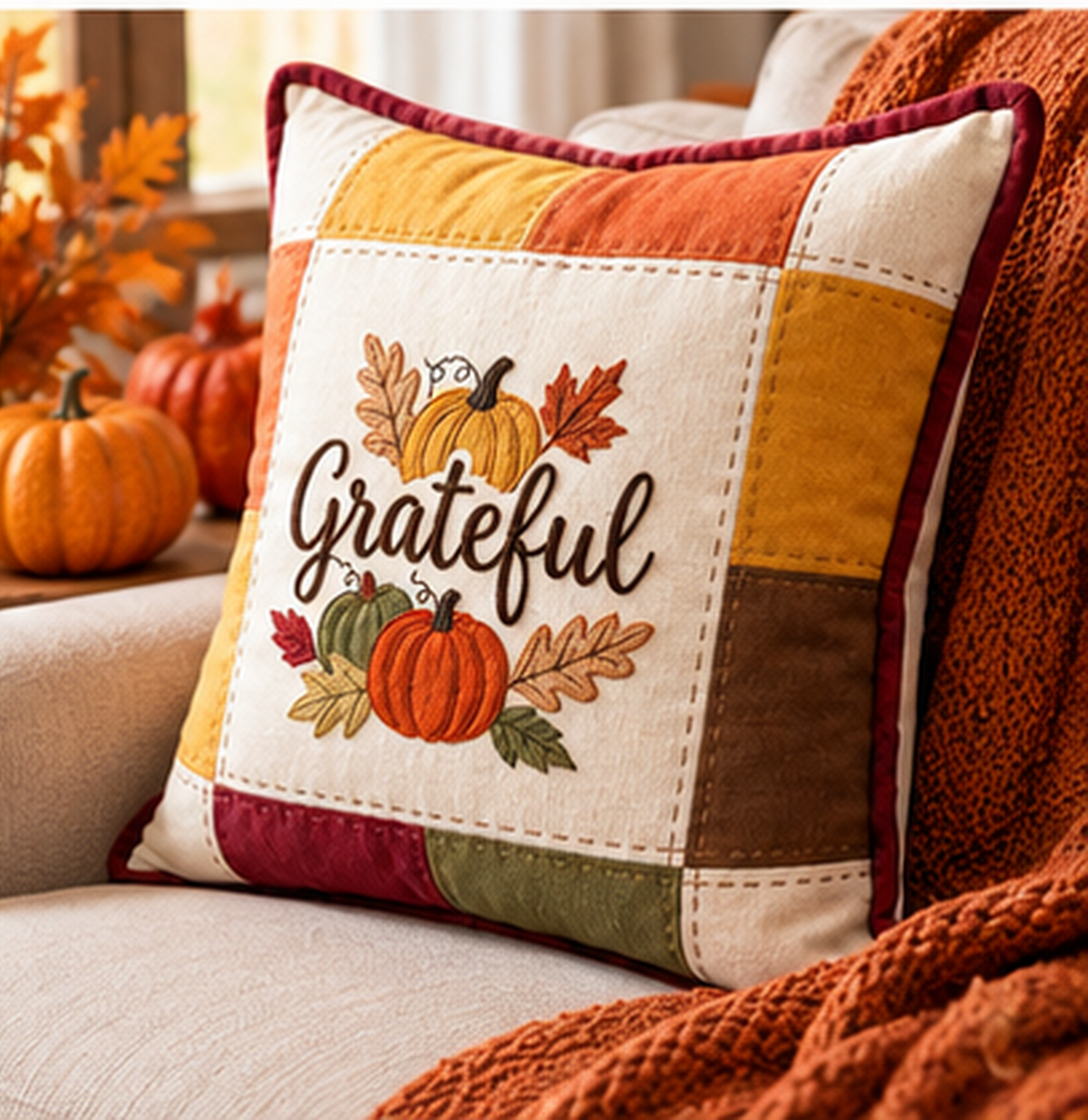 Grateful Harvest Pumpkin Cushion Cover – Autumn Patchwork Decorative Pillow - pack of 2