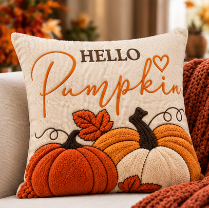 Hello Pumpkin Fall Embroidered Throw Pillow Cover – Autumn Harvest Décor- pack of 2