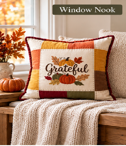 Grateful Harvest Pumpkin Cushion Cover – Autumn Patchwork Decorative Pillow - pack of 2