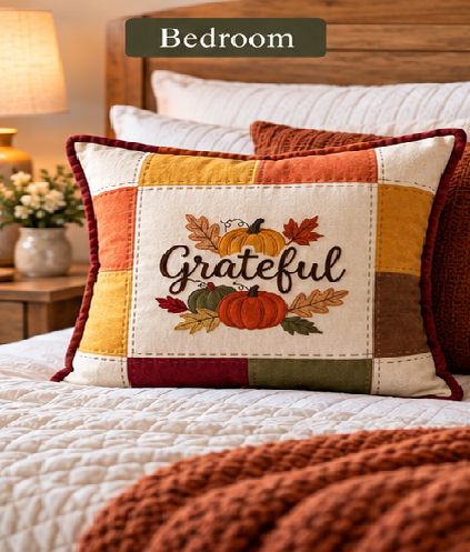 Grateful Harvest Pumpkin Cushion Cover – Autumn Patchwork Decorative Pillow - pack of 2