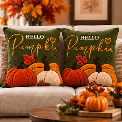 Hello Pumpkin Fall Embroidered Throw Pillow Cover – Autumn Harvest Décor- pack of 2