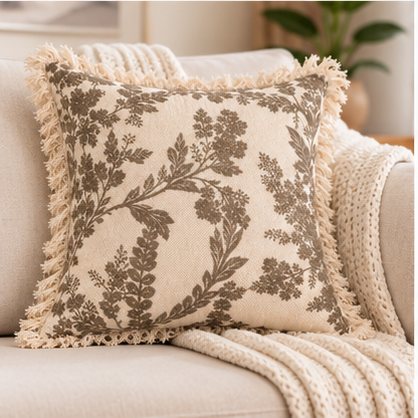 Botanical Haven Hand Block Printed Cotton Cushion Cover