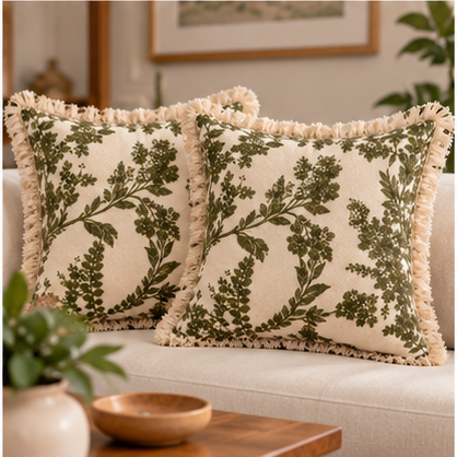 Botanical Haven Hand Block Printed Cotton Cushion Cover